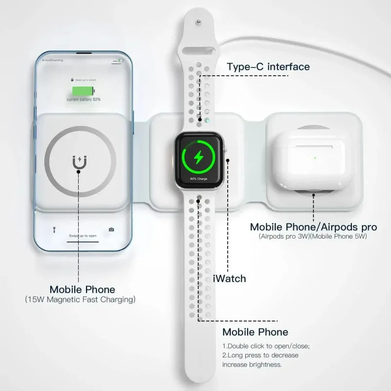 3-in-1 Magnetic Fast Wireless Charger - Foldable Charging Dock for iPhone, AirPods & Apple Watch