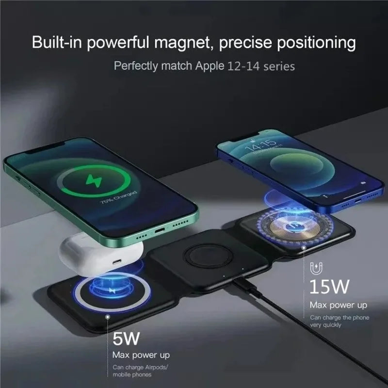 3-in-1 Magnetic Fast Wireless Charger - Foldable Charging Dock for iPhone, AirPods & Apple Watch