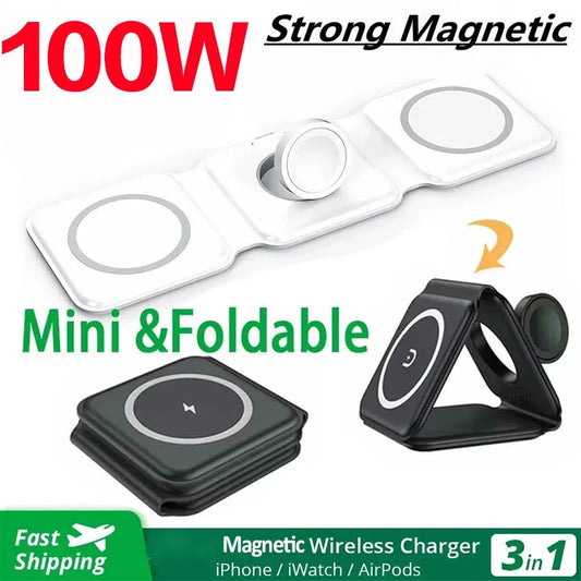 3-in-1 Magnetic Fast Wireless Charger - Foldable Charging Dock for iPhone, AirPods & Apple Watch