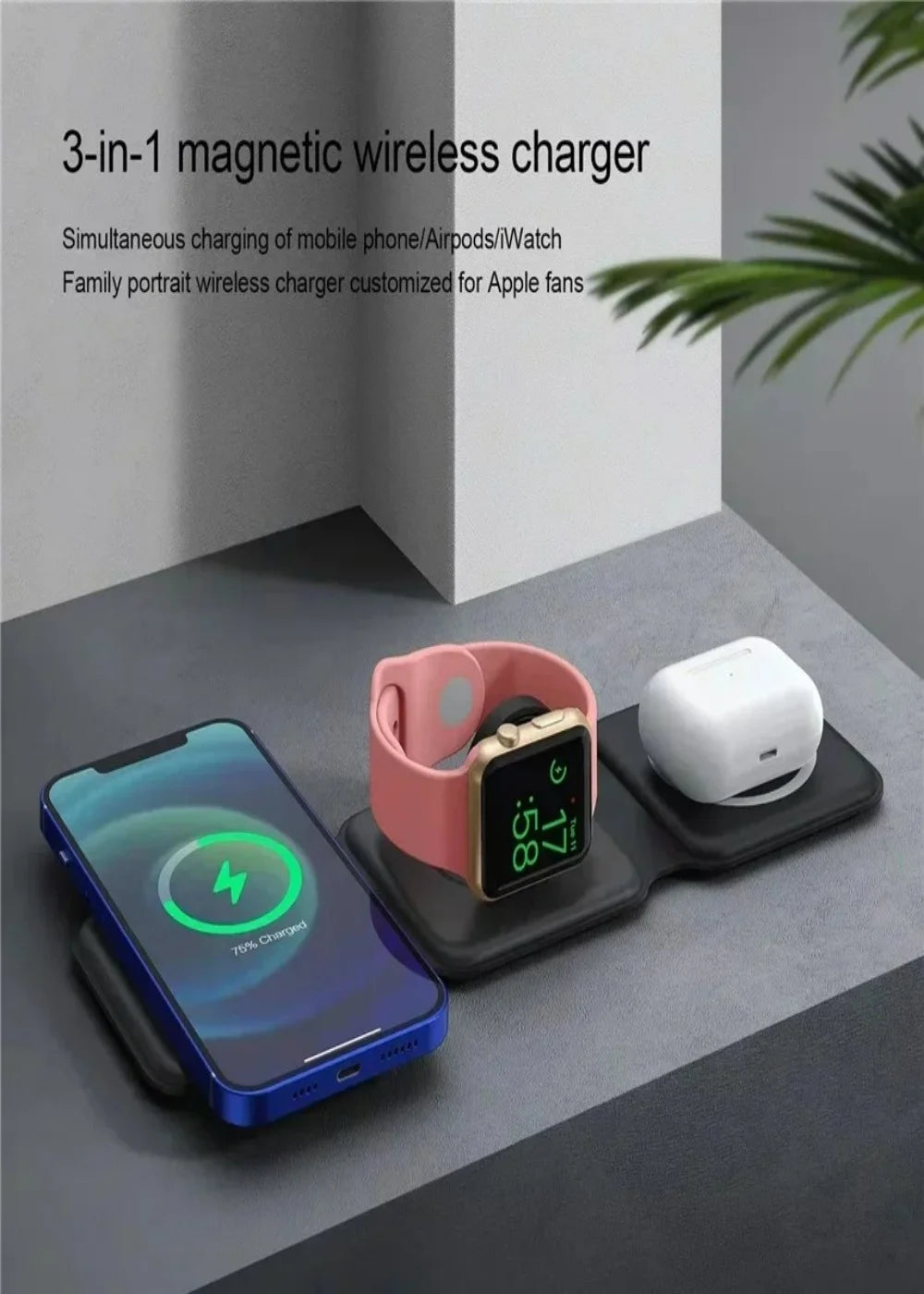 3-in-1 Magnetic Fast Wireless Charger - Foldable Charging Dock for iPhone, AirPods & Apple Watch